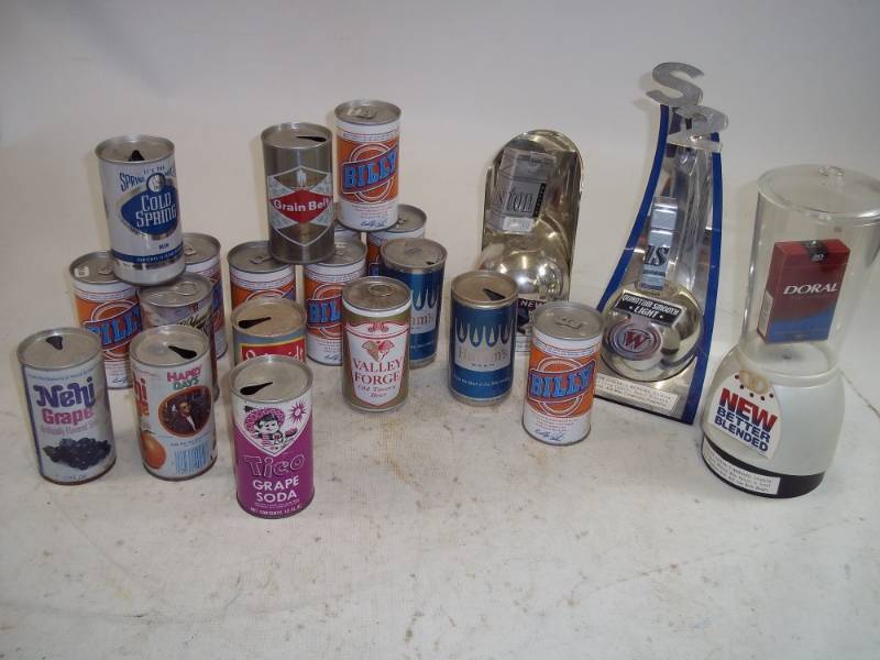 lot 72 image: Vintage Beer Cans, Pop Cans and Store Counter Cigarette Displays