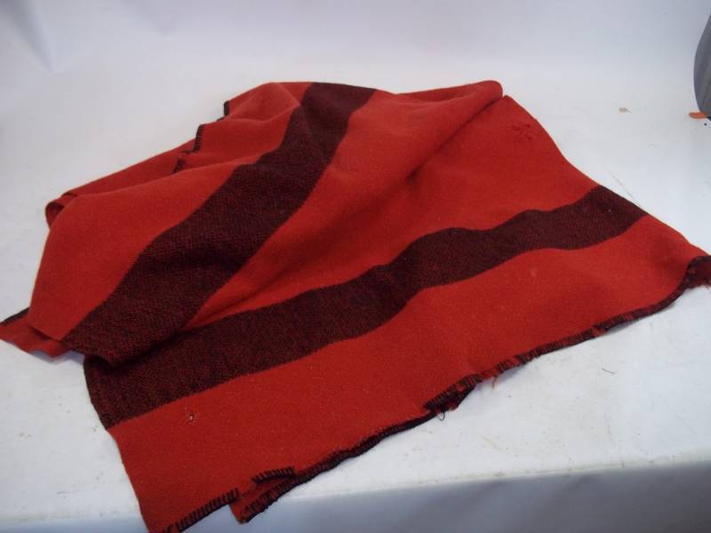 lot 74 image: Vintage Red and Black Wool Blanket has wear 70 x 82