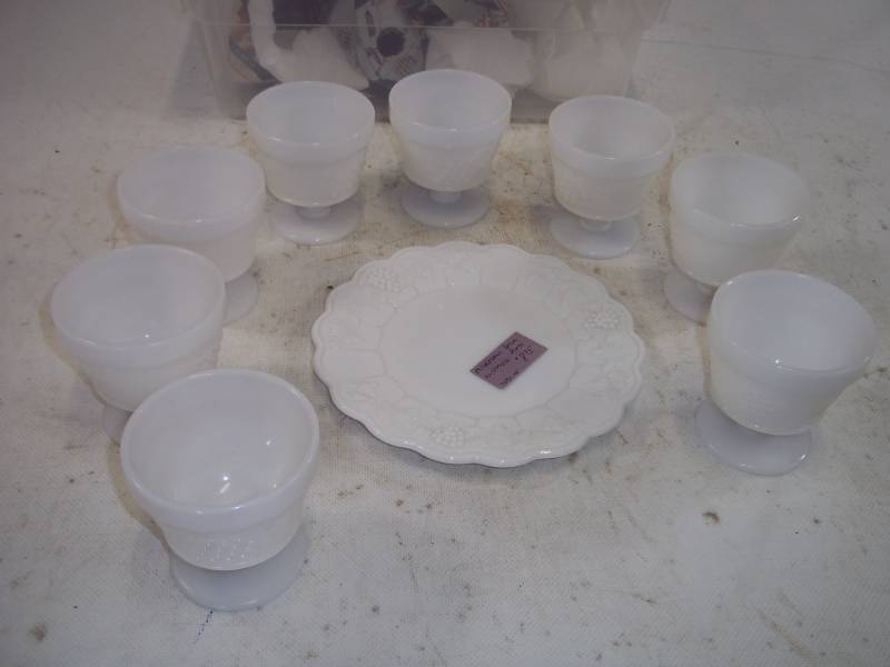 lot 100 image: Vintage Milk Glass with Desert Cups and Center Plate