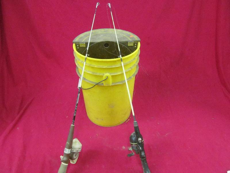 Yellow Belly Shappell pail, ice rods and reels