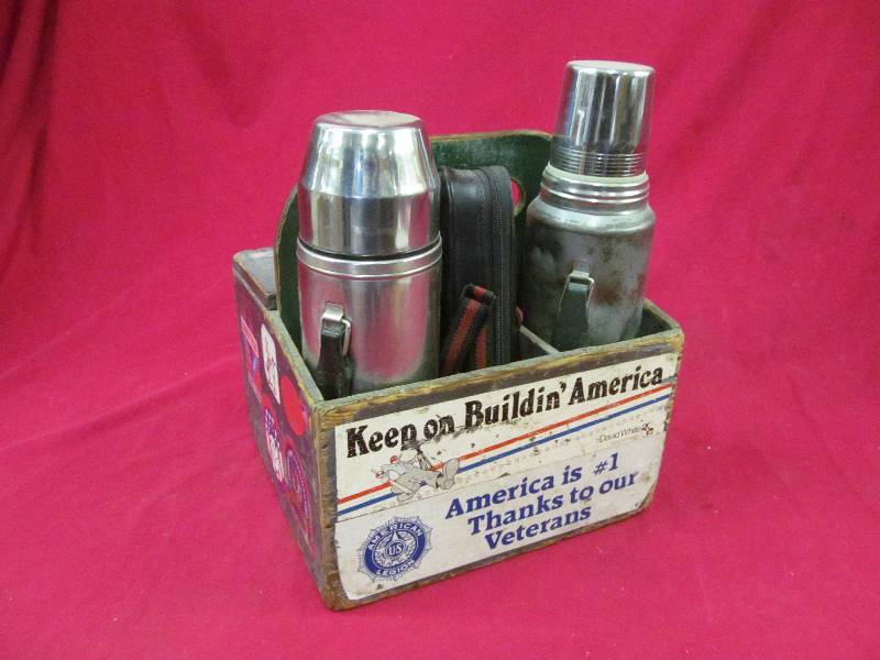 wood lunch box, thermos
