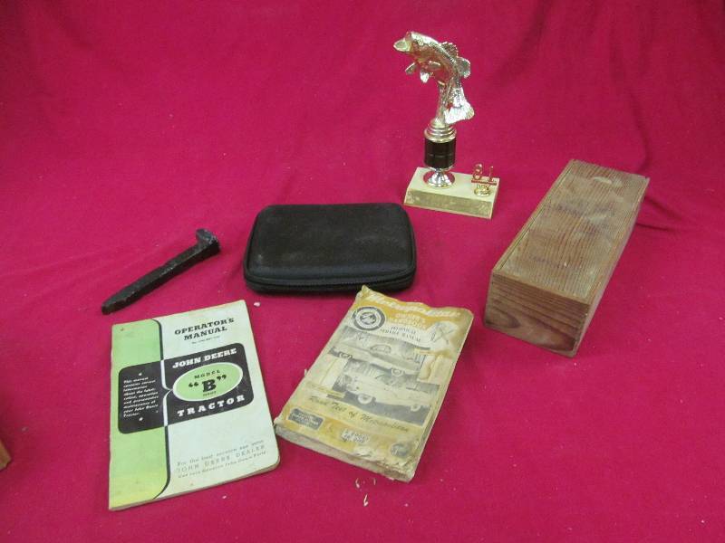 fish trophy, wood wine box, manuals