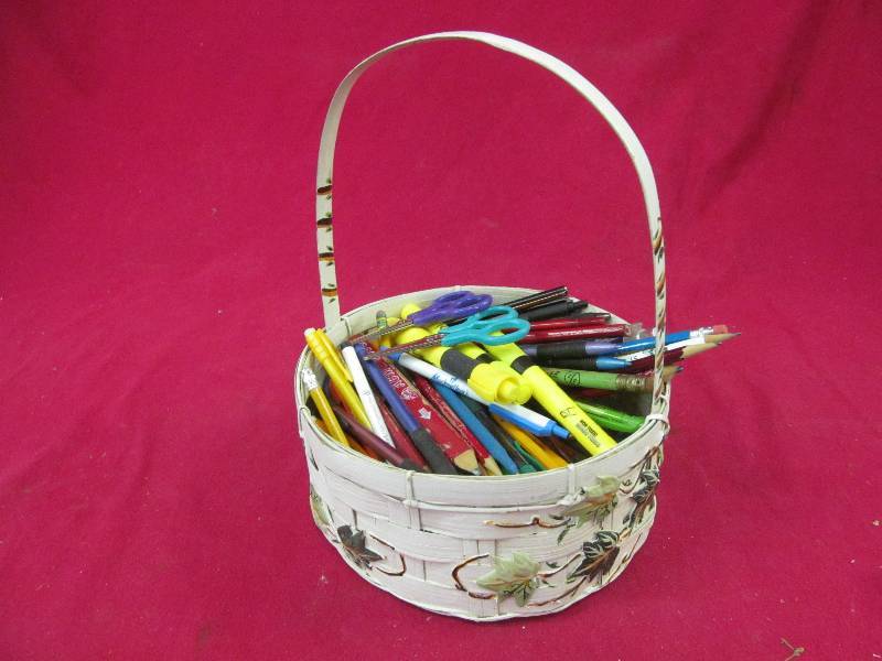 basket, pens, pencils, highlighters
