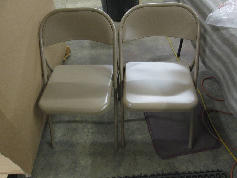 lot 122 image: Lot of 2 Tan Steel Folding Chairs- ...