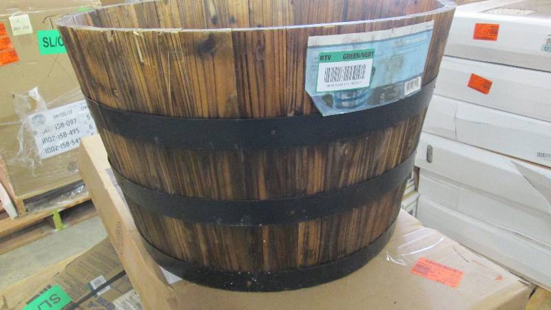 lot 234 image: 26 in. Round Wooden Barrel Planter ...