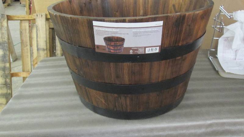 lot 235 image: 26 in. Round Wooden Barrel Planter ...