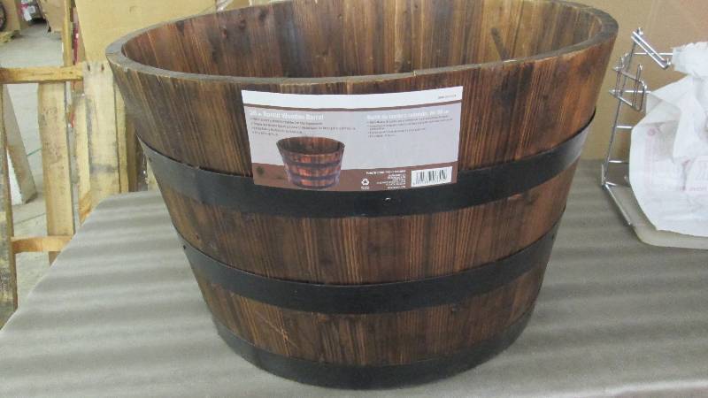 lot 236 image: 26 in. Round Wooden Barrel Planter ...