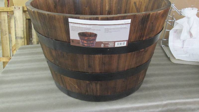 lot 237 image: 26 in. Round Wooden Barrel Planter ...