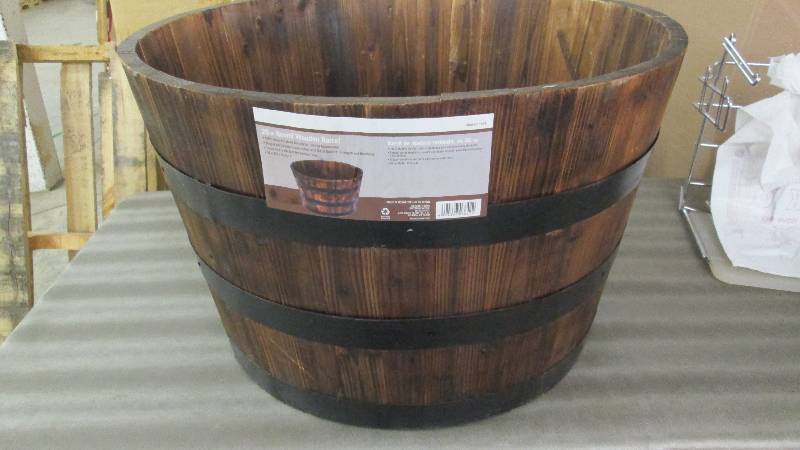 lot 238 image: 26 in. Round Wooden Barrel Planter ...