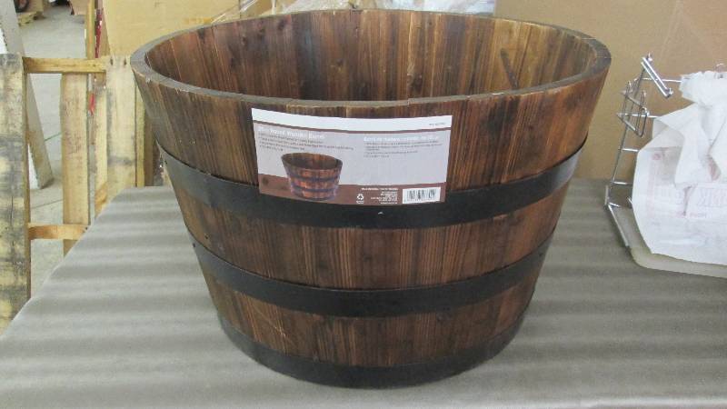 lot 239 image: 26 in. Round Wooden Barrel Planter ...