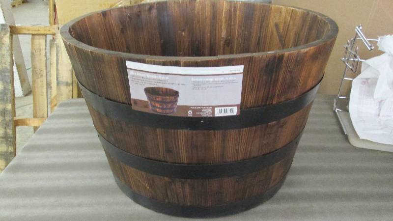 lot 240 image: 26 in. Round Wooden Barrel Planter ...