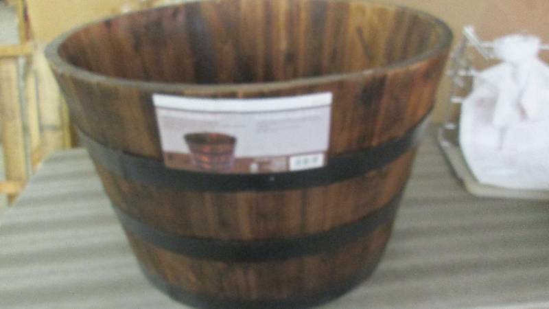 lot 242 image: 26 in. Round Wooden Barrel Planter ...