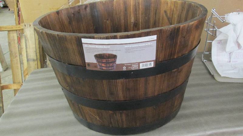 lot 243 image: 26 in. Round Wooden Barrel Planter ...
