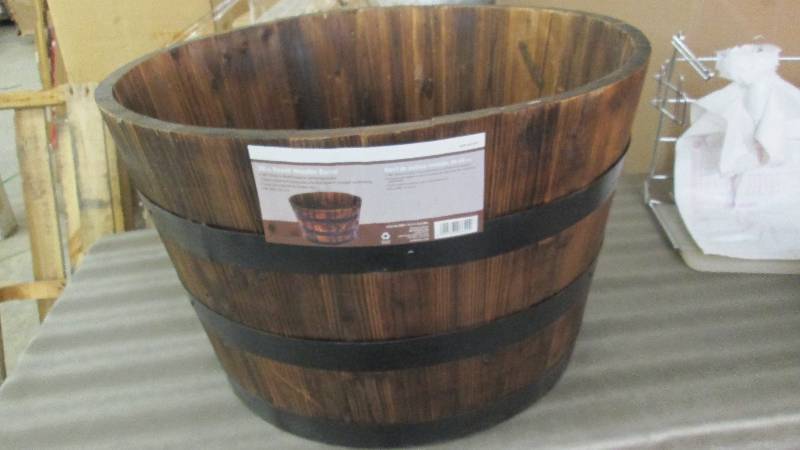 lot 244 image: 26 in. Round Wooden Barrel Planter ...