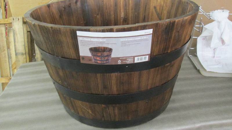 lot 245 image: 26 in. Round Wooden Barrel Planter ...