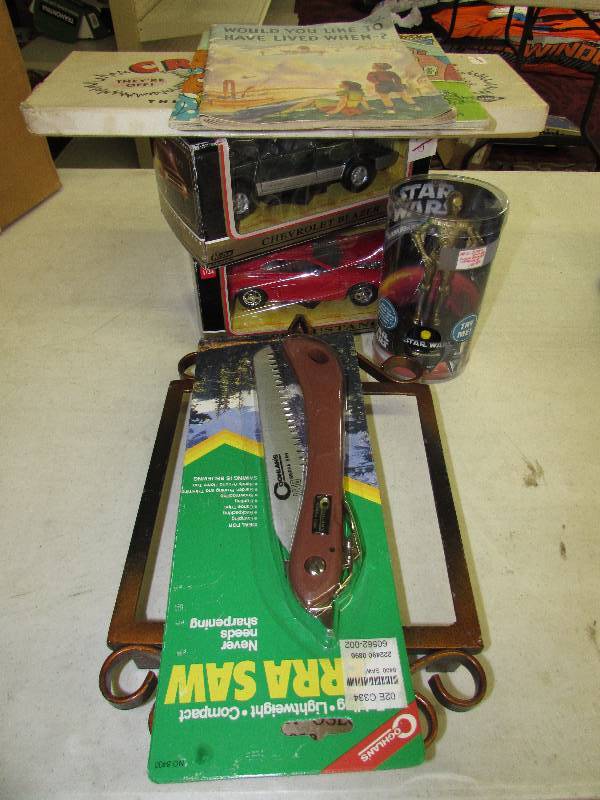 FOLDING SAW, METAL FRAME, VINTAGE CRIBBAGE GAME, STAR WARS FIGURINE, TWO METAL CARS