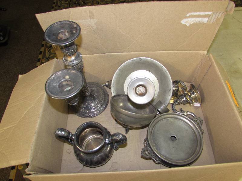 CANDLE STICK HOLDERS AND MISC SILVER PLATE ITEMS