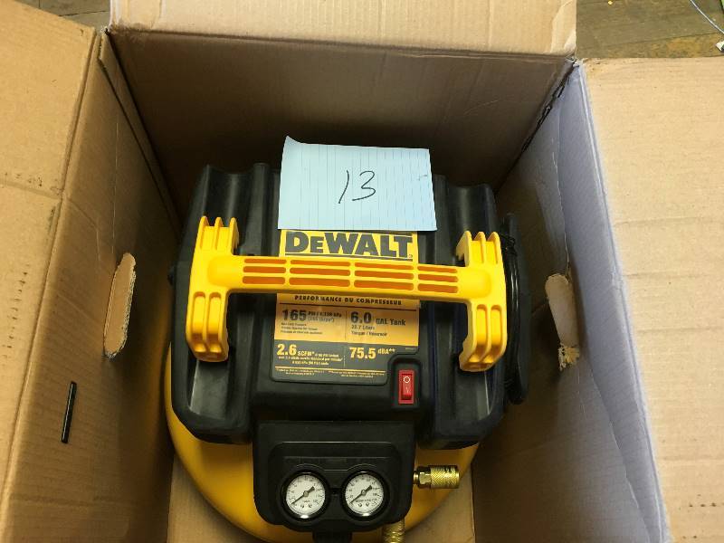 lot 13 image: DeWalt Heavy Dut 165 PSI 6 Gallon Pancake Style Air Compressor in like new condition