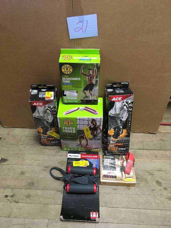 lot 21 image: Lot Misc. Exercise Equipment & 2 Adjustable Knee Braces