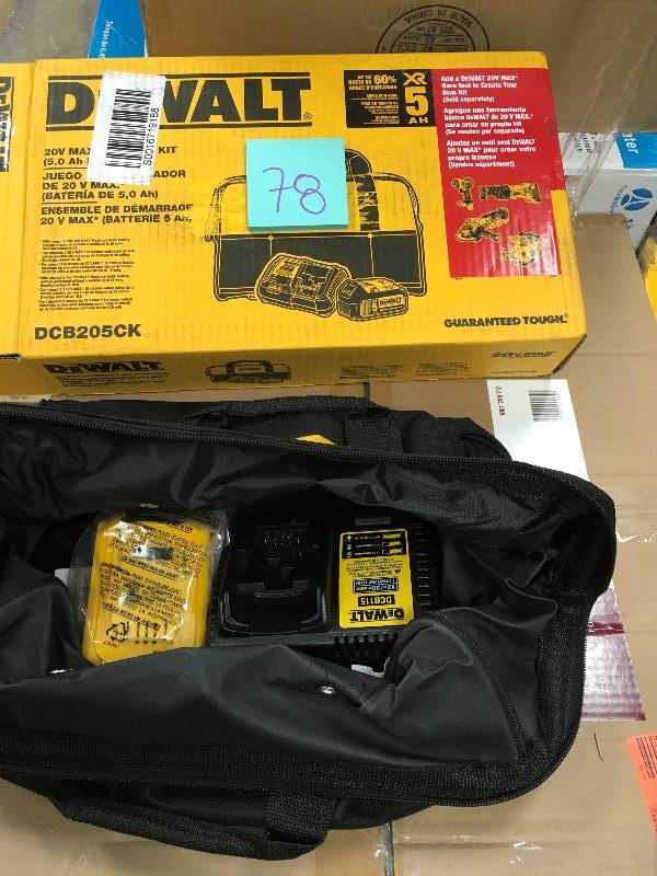 lot 78 image: DeWalt 20-Volt MAX XR Lithium-Ion Starter Kit with Premium Battery Pack 5.0Ah, Charger and Kit Bag New