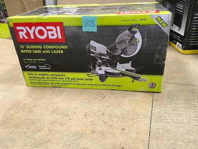 lot 103 image: Ryobi 10 Sliding Compound Miter Saw with Laser open box in like new condition