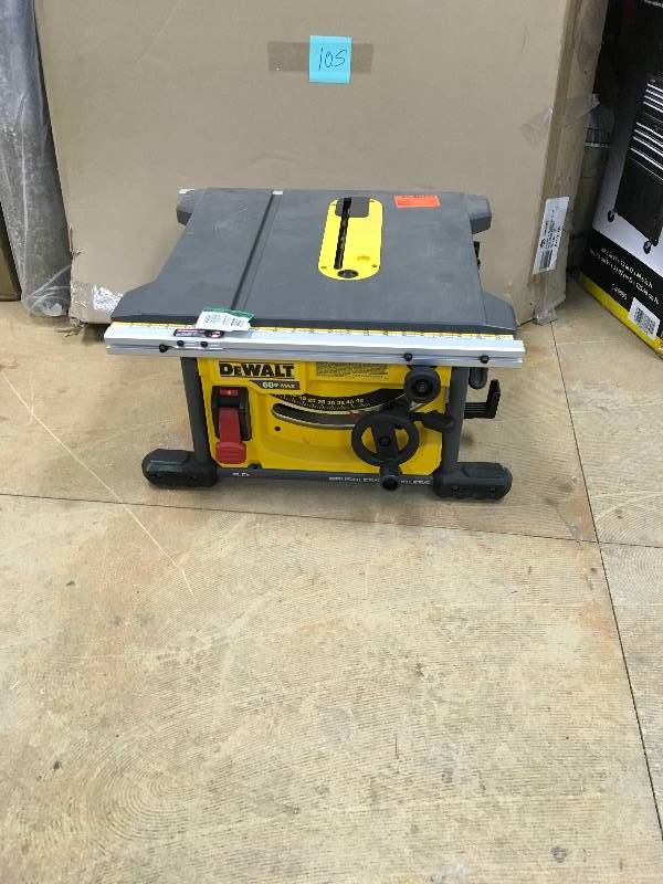 lot 105 image: Dewalt FLEXVOLT 60-Volt MAX Cordless Brushless 8-14 in. Table Saw (Tool-Only) - missing guard and fence in good working condition