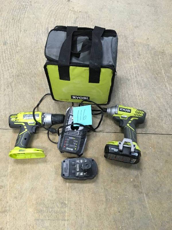 lot 116 image: Ryobi 18-Volt ONE Lithium-Ion Cordless Hammer Drill and Impact Driver Combo Kit with 1 BatteryCharger, Bag used in good working condition