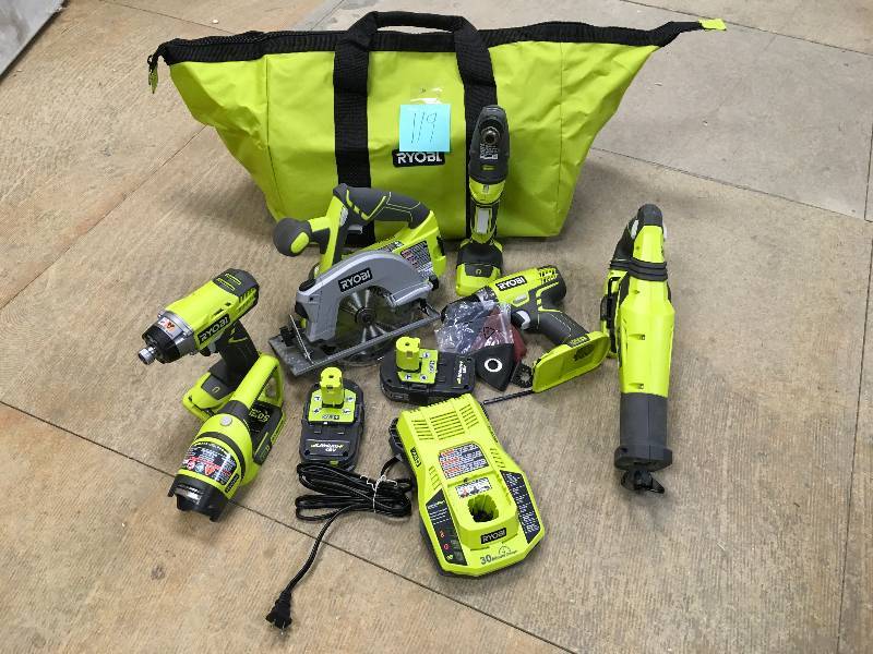 lot 119 image: RYOBI 18-Volt ONE Lithium-Ion Ultimate Combo Kit (6-Tool) IN LIKE NEW CONDITION