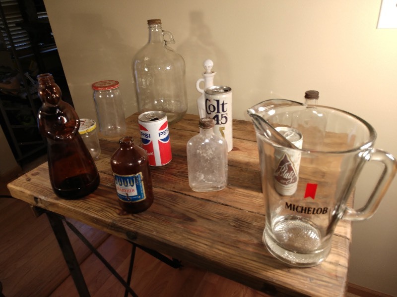 lot 11 image: Michelob Glass Pitcher, A&ampW One Gallon Glass Job, Hamms Bottle