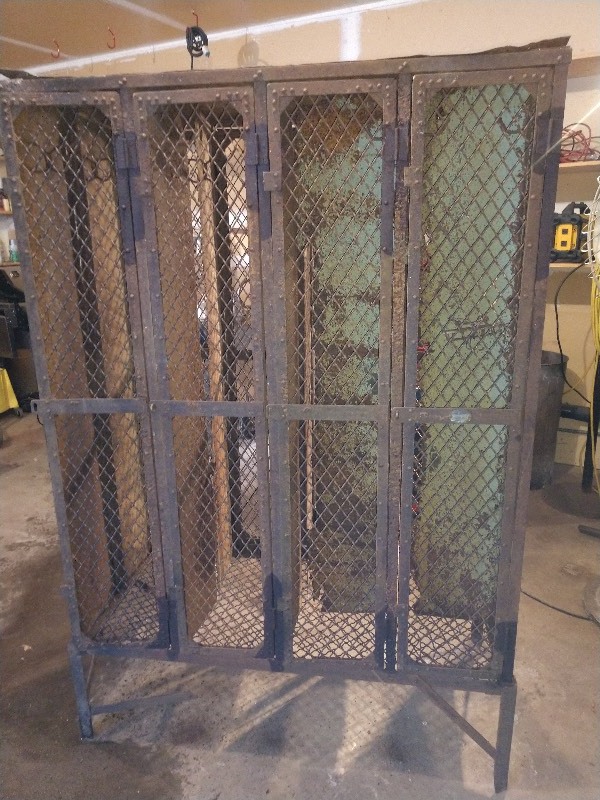 lot 57 image: 1920s Industrial Wire Mesh Gym Lockers w Original Hooks and Brass Number Plates and Original Wire Mesh Soap Holder
