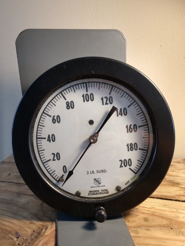 lot 51 image: Cast Iron Pressure Gauge w Glass Face Plate