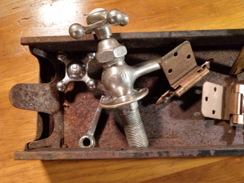 lot 62 image: Parts Bin, Vintage Cabinet Hinges, Plumbing Parts 