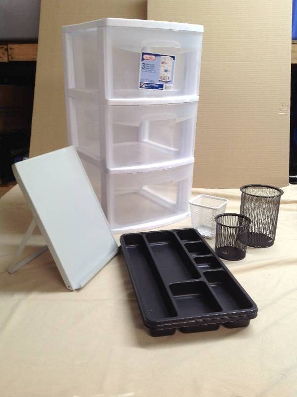 One Three Tier Organizer, Three Pen Holders, Two Plastic Drawer Organizers and one Paper stand