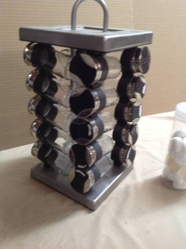 Spice Rack and Two Containers of Rocks