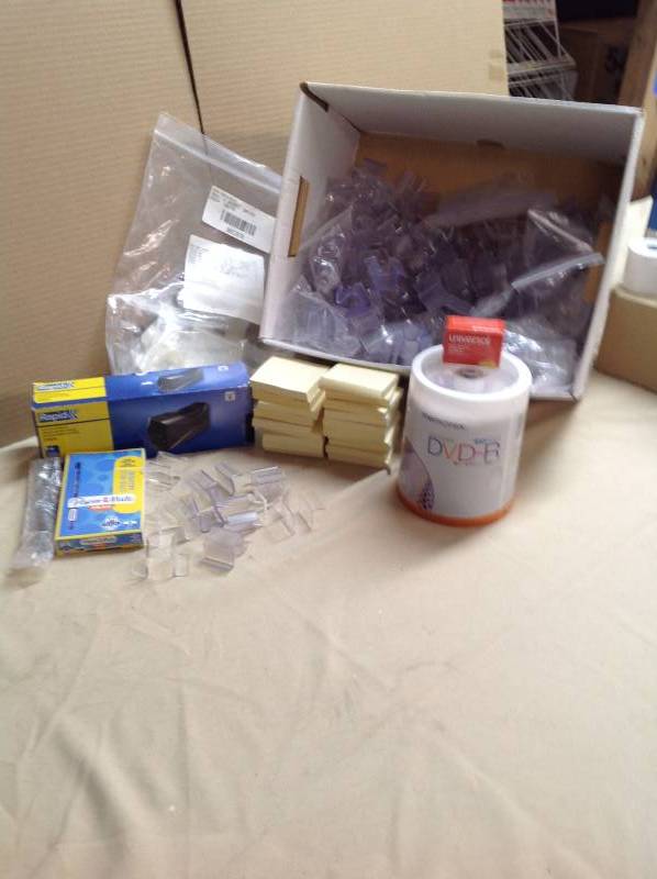 Misc. Office Supplies, Post it Notes, Electric Stapler, Box of Pens, Staple Remover, 100 New DVDS