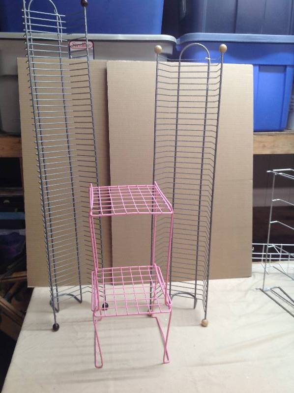 Two Metal DVD Racks and Two Pink Stack-able Locker Racks