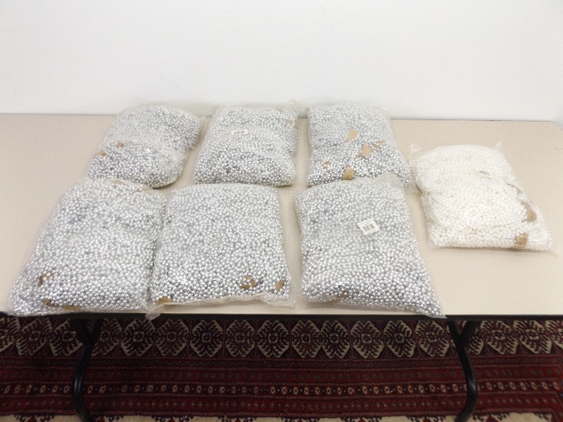 lot 32 image: Large Box of Decorative Strands of Silver Beads