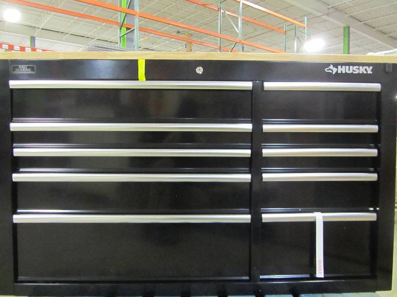 lot 14 image: Husky 52 in. 10-Drawer Mobile Workbench with Solid Wood Top, Black
