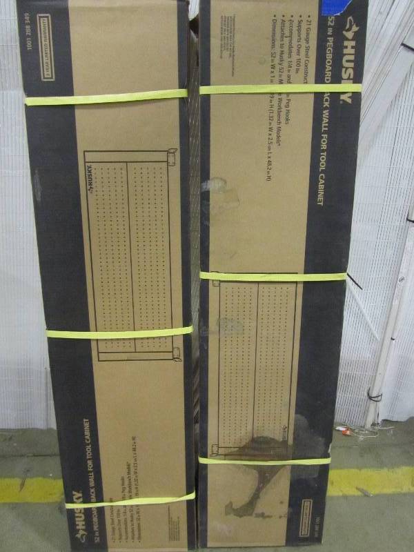 lot 17 image: Husky 52 in. Pegboard Back Wall for Tool Cabinet, Black (x2)