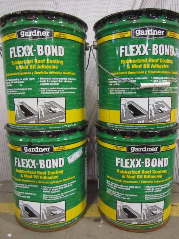lot 23 image: Gardner 4.75 Gal. Flexx-Bond Rubberized Roof Coating and MB Adhesive (x4)