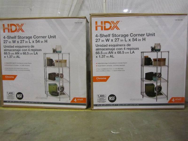 lot 68 image: HDX 4 tier steel corner shelving unit (chrome)x2