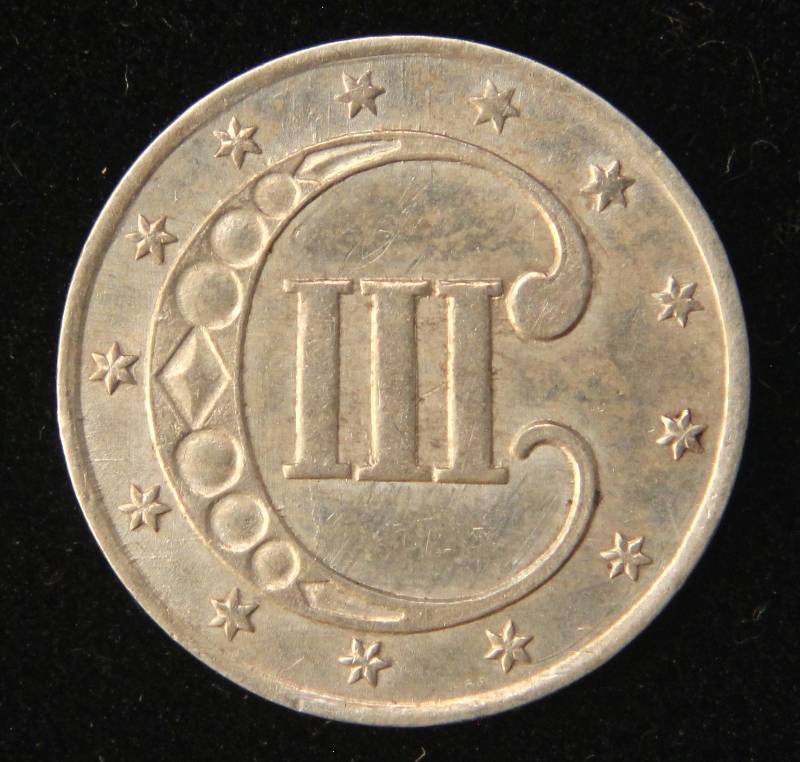 lot 04 image: 1853 US THREE CENT SILVER TRIME AU-UNC