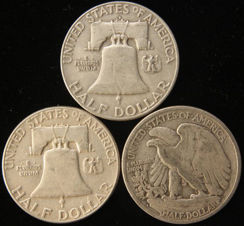 lot 36 image: 3 SILVER HALF DOLLARS 1939-S, 1953-D, 1957