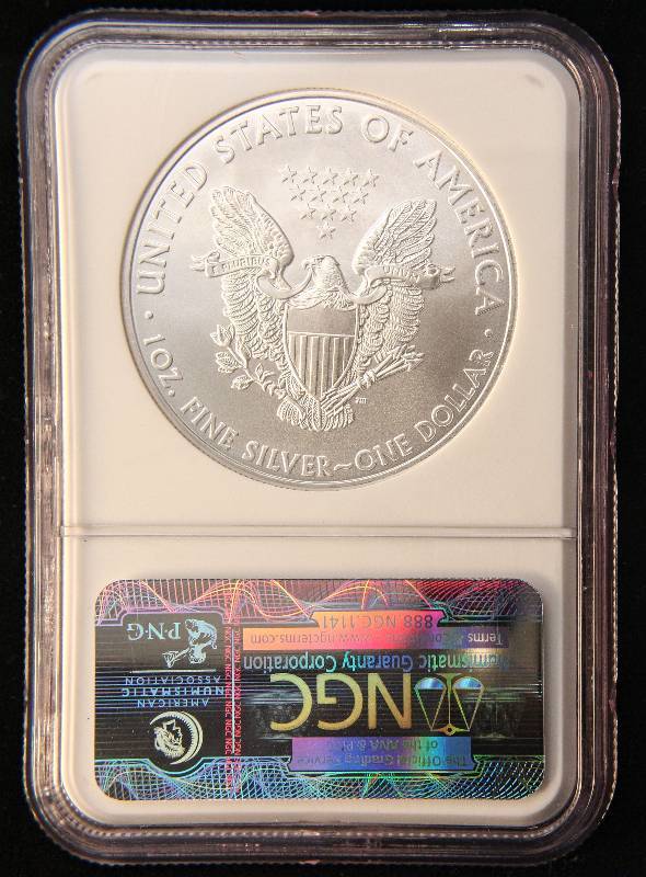lot 51 image: 2010 AMERICAN SILVER EAGLE 1 TROY OZ. .999 FINE SILVER DOLLAR MS70 NGC EARLY RELEASES