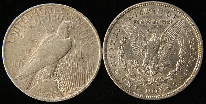 lot 60 image: 2 SILVER DOLLARS 1921 MORGAN & 1923 PEACE