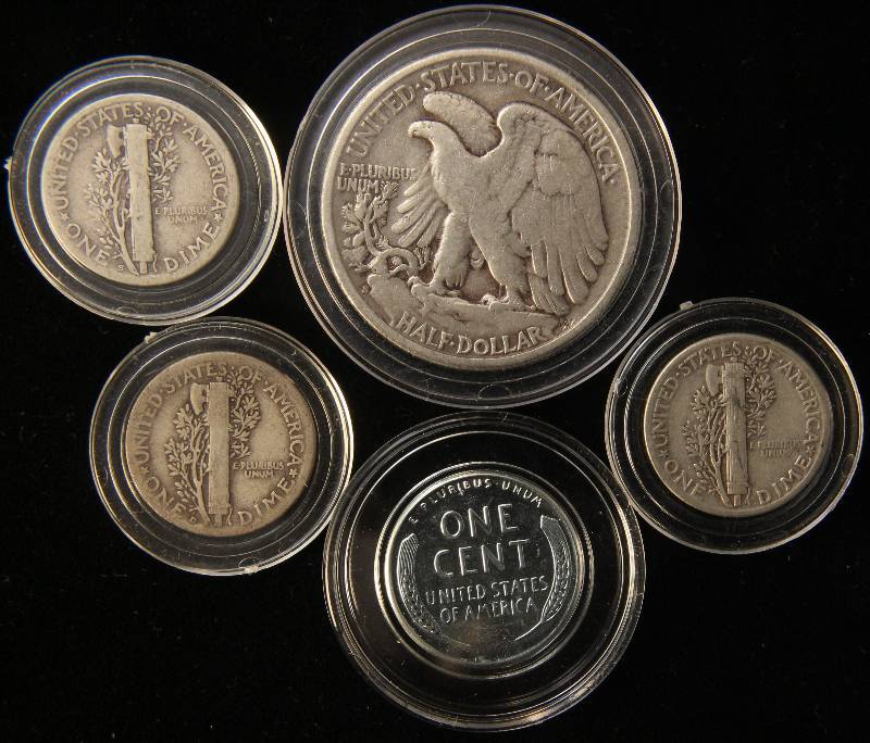 lot 86 image: 1 WALKING LIBERTY HALF, 3 MERCURY DIMES & A WAR CENT IN AIRTITES