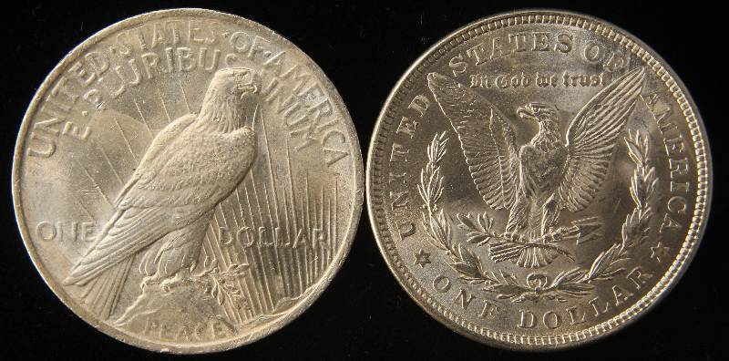 lot 91 image: 2 SILVER DOLLARS 1921 MORGAN & 1922 PEACE BOTH UNC