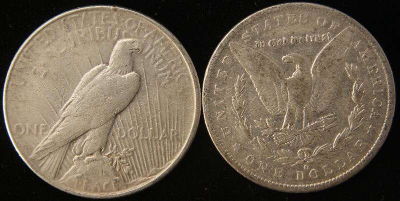 lot 93 image: 2 SILVER DOLLARS 1890-O MORGAN & 1923-D PEACE