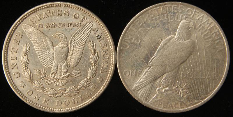 lot 95 image: 2 SILVER DOLLARS 1921 MORGAN & 1922 PEACE BOTH AU