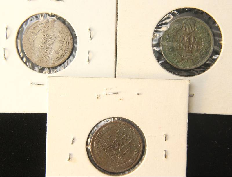lot 96 image: 3 COINS 1908-D BARBER 10C, 1901 INDIAN & 1913-D WHEAT